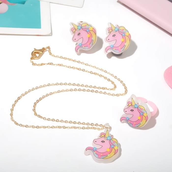 Набор детский «Выбражулька» 3 предмета: клипсы, браслет, кольцо, единорог, цветной в золоте Набор детский «Выбражулька» 3 предмета: клипсы, браслет, кольцо, единорог, цветной в золоте