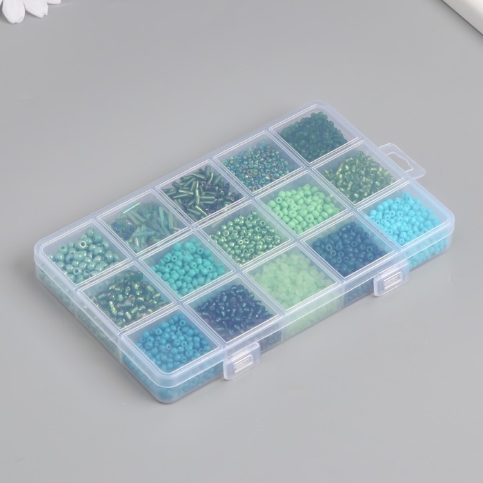 Бисер стекло 6/0, 8/0, 12/0 в шкатулке  Бисер стекло 6/0, 8/0, 12/0 в шкатулке "Тёмно-зелёный" стеклярус 15,5х9,5х1,6 см