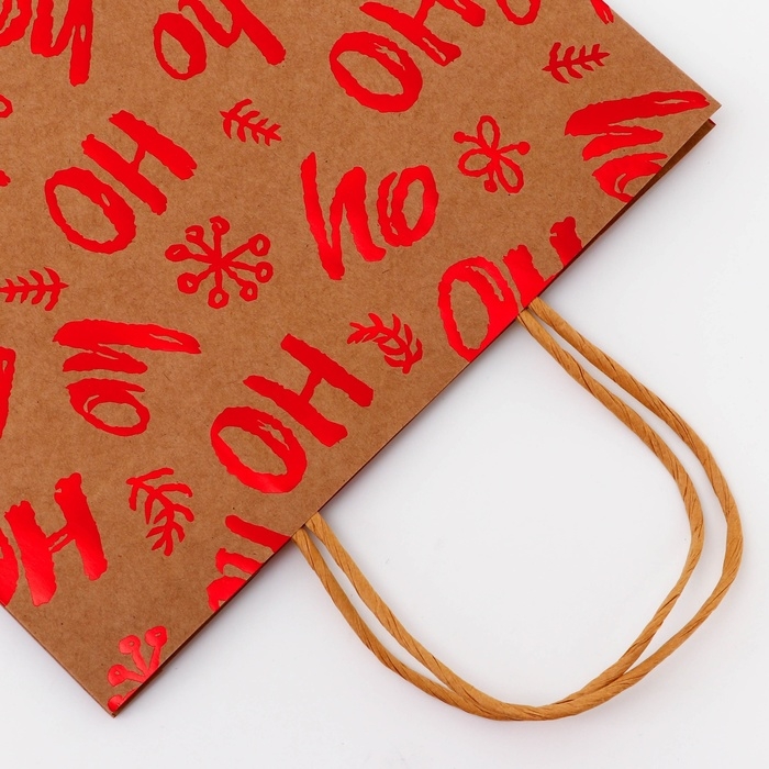 Пакет крафт с тиснением, круглая ручка, Пакет крафт с тиснением, круглая ручка, "Хо-Хо-Хо" 33 х 25 х 12 см, 120 г