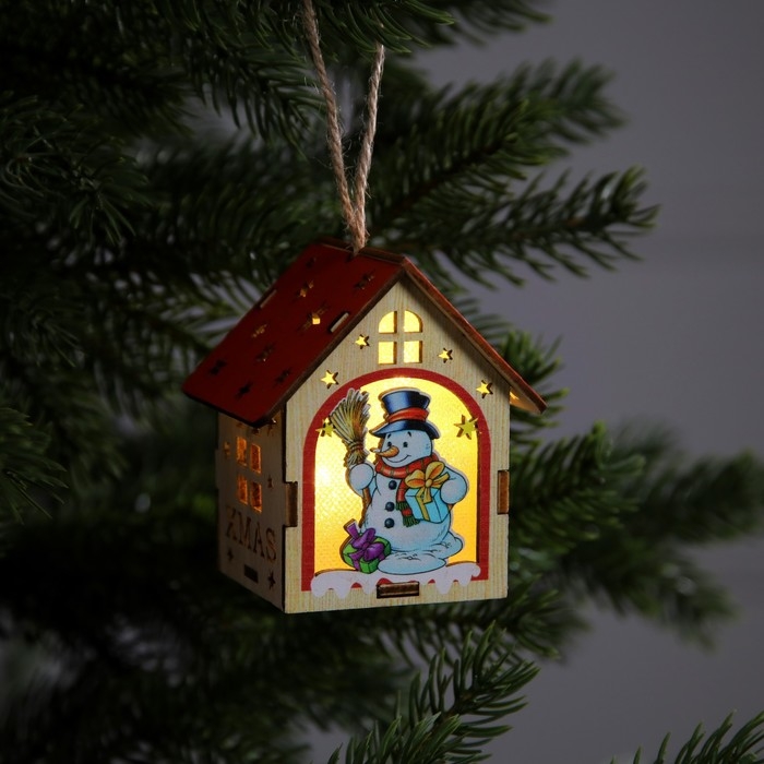 Ёлочная игрушка «Домик со снеговиком», от батареек, свечение тёплое белое Ёлочная игрушка «Домик со снеговиком», от батареек, свечение тёплое белое