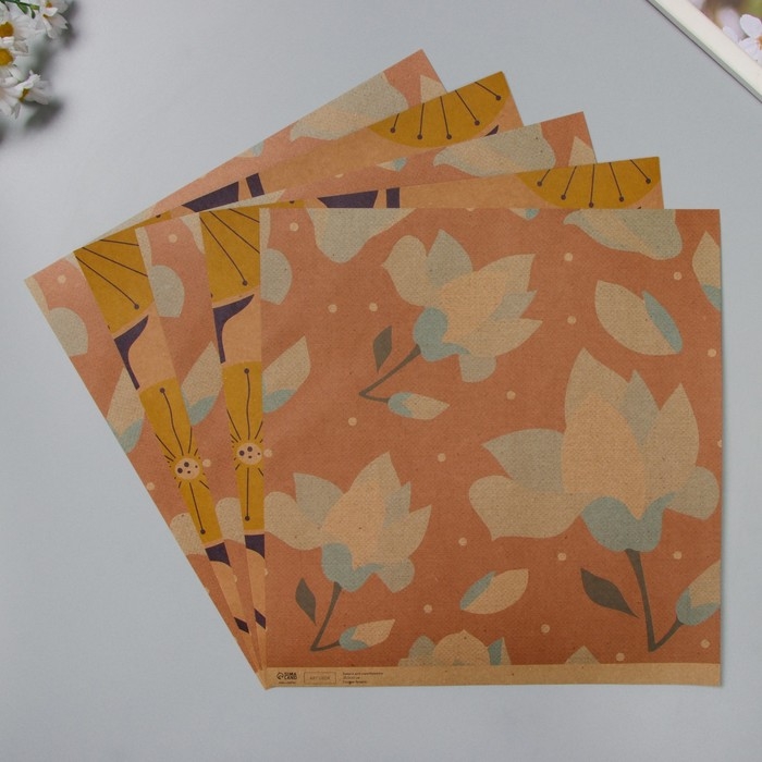 Бумага для скрапбукинга двусторонняя крафт Бумага для скрапбукинга двусторонняя крафт "Цветы" плотность 180 гр набор 5 шт 30,5х32 см