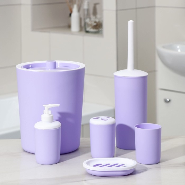 Набор аксессуаров для ванной комнаты «Лайт», 6 предметов (мыльница, дозатор, 2 стакана, ёршик, ведро), цвет сирень Набор аксессуаров для ванной комнаты «Лайт», 6 предметов (мыльница, дозатор, 2 стакана, ёршик, ведро), цвет сирень