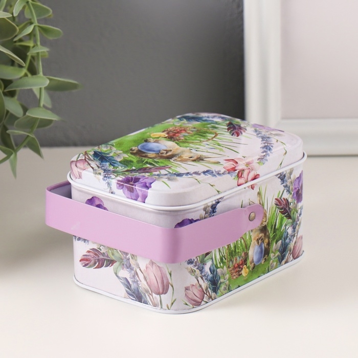 Шкатулка металл с ручкой Шкатулка металл с ручкой "Кролик с цыплёнком" 10,5х7,8х6,4 см