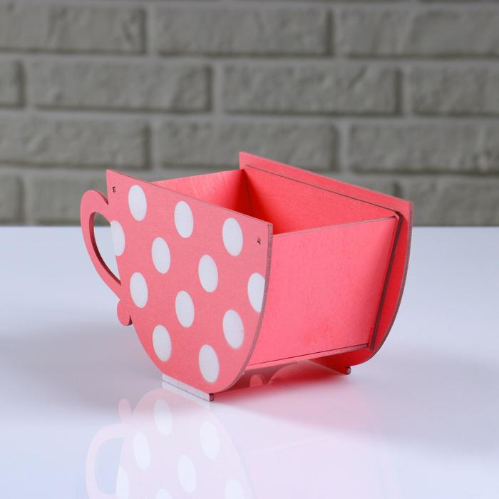 Кашпо деревянное  Кашпо деревянное "Чашка в горошек", коралловый, 20×9×11 см
