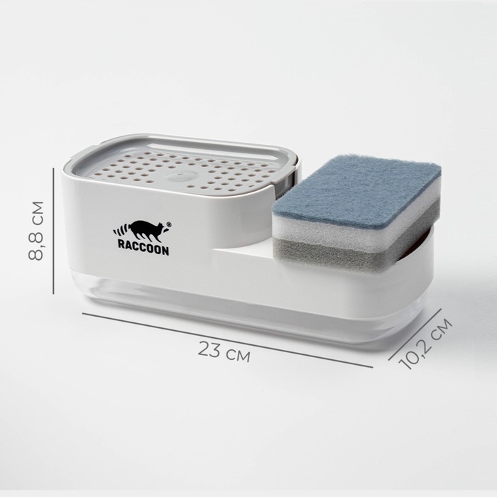 Дозатор для моющего средства с подставкой для губки Raccoon, 550 мл, губка в комплекте, цвет белый Дозатор для моющего средства с подставкой для губки Raccoon, 550 мл, губка в комплекте, цвет белый
