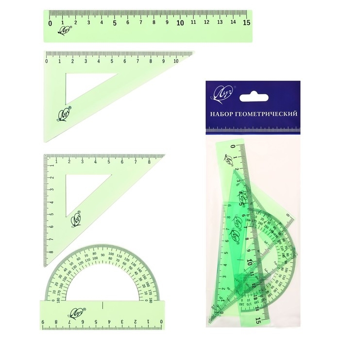Набор чертёжный 4 предмета (линейка 15 см, угольник 30 °/ 60 °, 10 см; угольник 45 °/ 45 °, 8 см; транспортир 180 °, 9 см), прозрачный зелёный Набор чертёжный 4 предмета (линейка 15 см, угольник 30 °/ 60 °, 10 см; угольник 45 °/ 45 °, 8 см; транспортир 180 °, 9 см), прозрачный зелёный