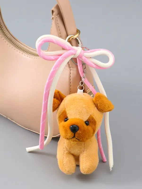 Брелок текстиль "Милый щенок с бело-розовым бантиком" коричневый 5х9,5х20 см