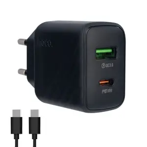 Сетевое зарядное устройство с кабелем Type-C на Type-C PD20W + USB QC3.0 CS25A HOCO черное