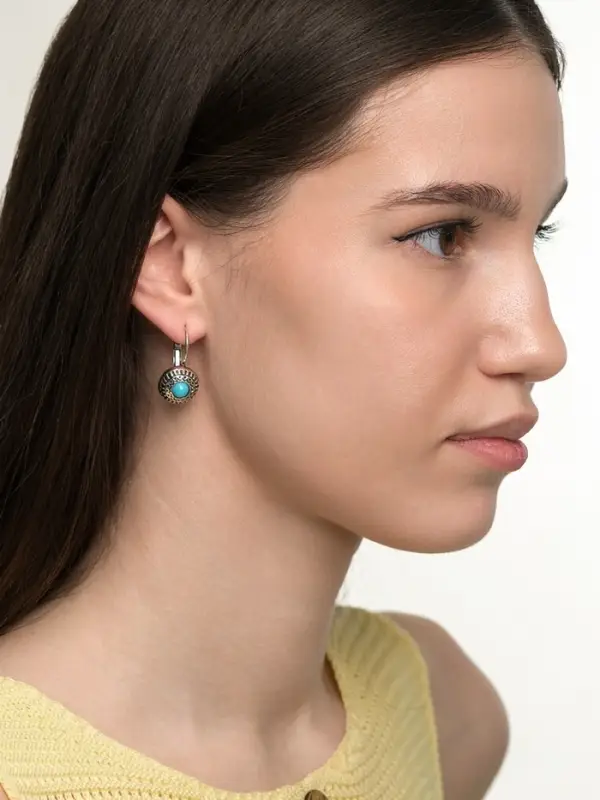 Серьги &laquo;Этника&raquo;, круг в узорах, голубые в чернёном серебре