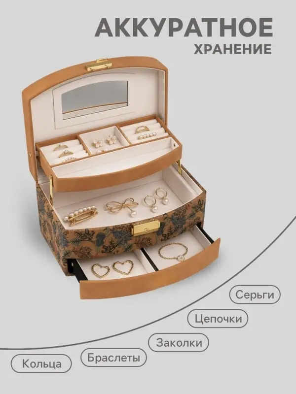 Шкатулка для украшений &laquo;Пальмовые листья&raquo;, искусственная кожа, пробка, 16.5&times;22.5&times;13.5 см