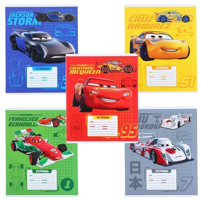 Тетрадь в клетку 12 листов, 5 видов МИКС, обложка мелованный картон, &laquo;Тачки&raquo;