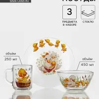 Набор детской посуды &laquo;Утята&raquo;, 3 предмета: кружка, салатник, тарелка, стекло, прозрачный
