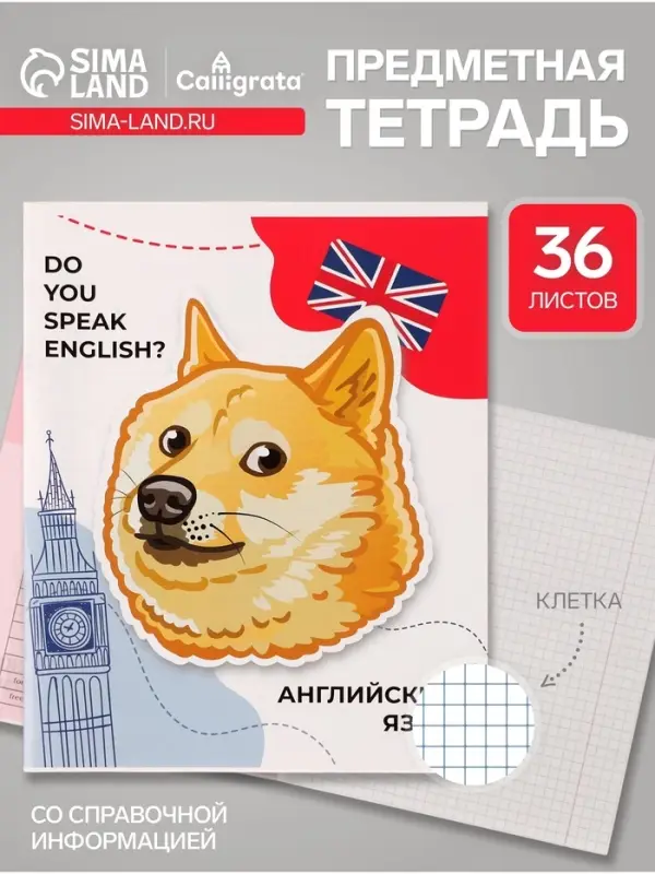 Предметная тетрадь по английскому языку Calligrata &laquo;Животные мемы&raquo;, 36 листов, в клетку, со справочным материалом, обложка из мелованной бумаги
