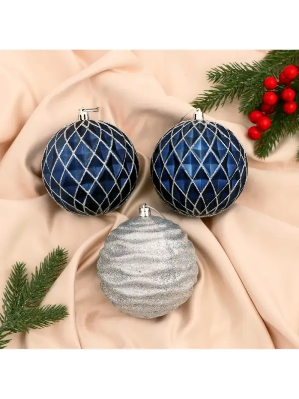 Ёлочные игрушки &laquo;Корнелия сеточка&raquo;, шары новогодние, d=10 см, набор 3 шт., серебристо-синий
