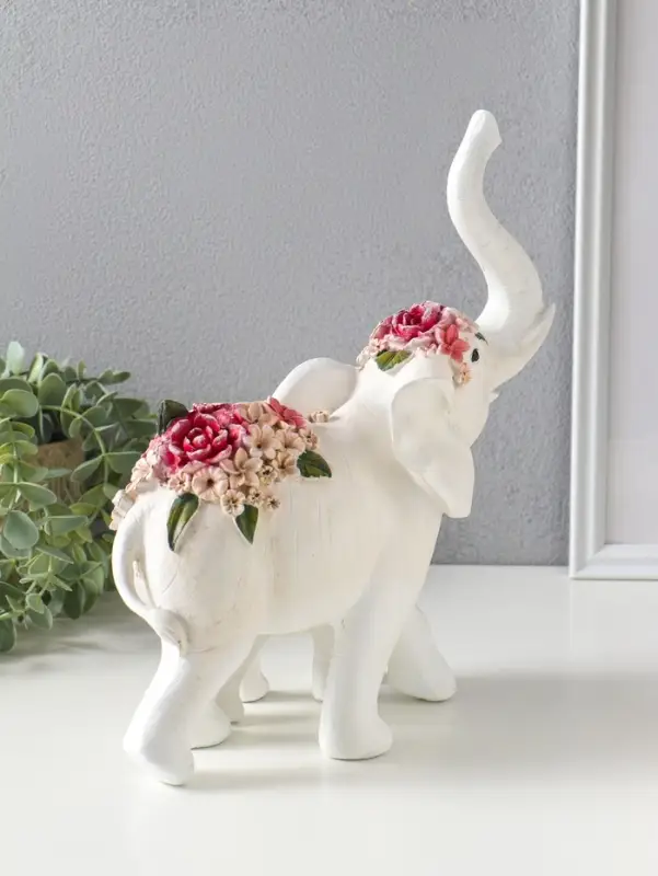 Сувенир полистоун "Белый слон со слонёнком в цветах" 25,4х13,8х29,2 см