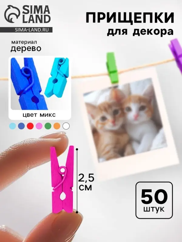Прищепки для декора &laquo;Классика&raquo;, набор 50 шт., 1 шт. &mdash; 2.5 см, МИКС