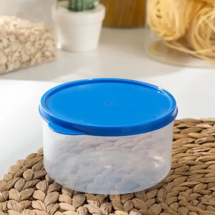Контейнер круглый Доляна, пищевой, 500 мл, прозрачный, крышка синяя Контейнер круглый Доляна, пищевой, 500 мл, прозрачный, крышка синяя
