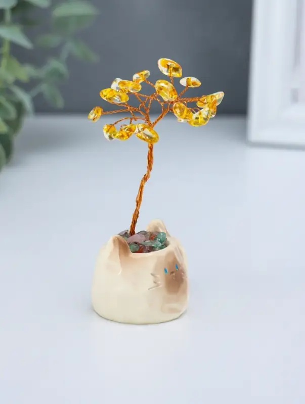Сувенир "Котик-кружка и жёлтое дерево" 12 камней 3,5х4,7х7,5 см