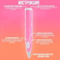 3D ручка с блоком питания, PCL пластик, светится в темноте, розовая