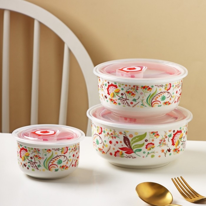 Набор салатников керамических с вакуумными крышками &laquo;Ирена&raquo;, 3 предмета: 300 мл, 600 мл, 900 мл