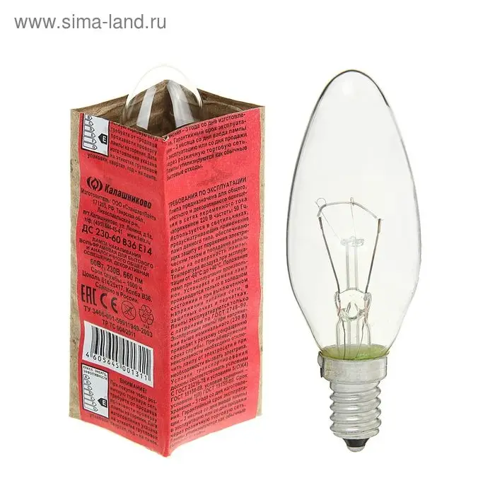 Лампа накаливания КЭЛЗ, ДС, Е14, 60 Вт, 230 В Лампа накаливания КЭЛЗ, ДС, Е14, 60 Вт, 230 В