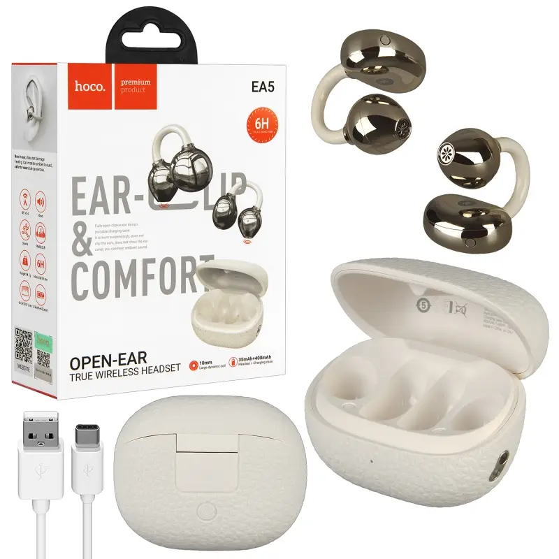 Гарнитура EA5 Bluetooth True Wireless Headset OPEN-EAR HOCO молочно-белая Гарнитура EA5 Bluetooth True Wireless Headset OPEN-EAR HOCO молочно-белая