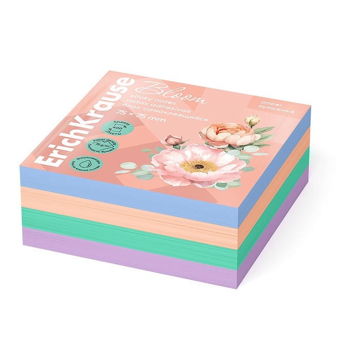 Блок с липким краем бумажный 75х75 мм, ErichKrause  Блок с липким краем бумажный 75х75 мм, ErichKrause "Pastel Bloom", 400 листов, 4 цвета