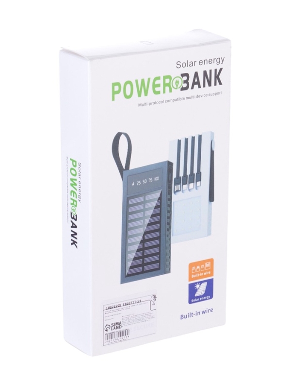 Внешний аккумулятор 10000 мАч, 10 W, 2 USB, Type-C, фонарик, солнечная панель, чёрный