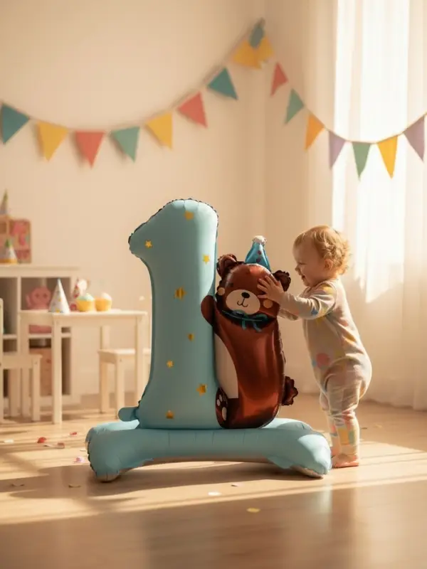 Воздушный шар фольгированный 32" "Цифра 1 с мишкой"  цвет голубой, под воздух