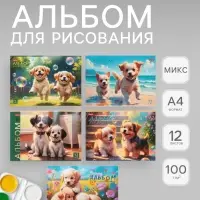 Альбом для рисования А4, 12 листов, на скобе, Hatber ECO &laquo;Пушистое счастье&raquo;, МИКС