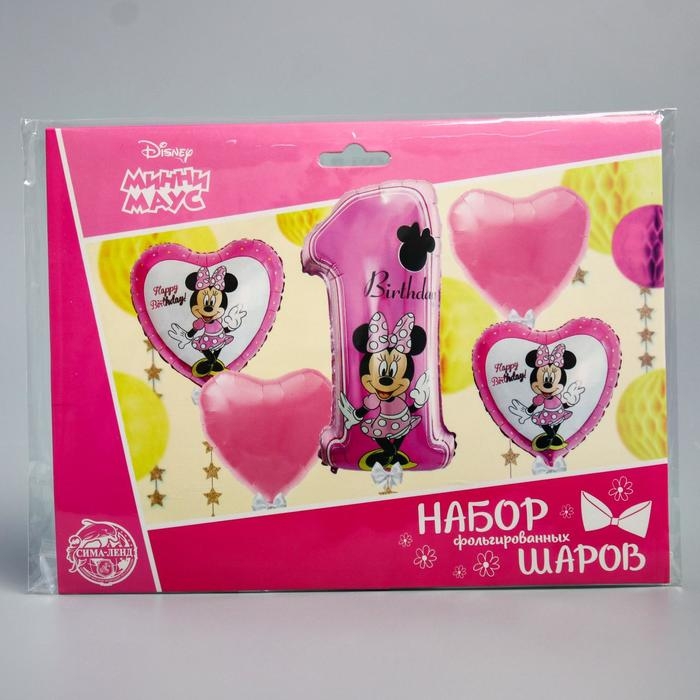 Букет из шаров фольгированных  Букет из шаров фольгированных "Happy Birthday", набор 5 шт, Минни Маус, 4 сердечка, единичка