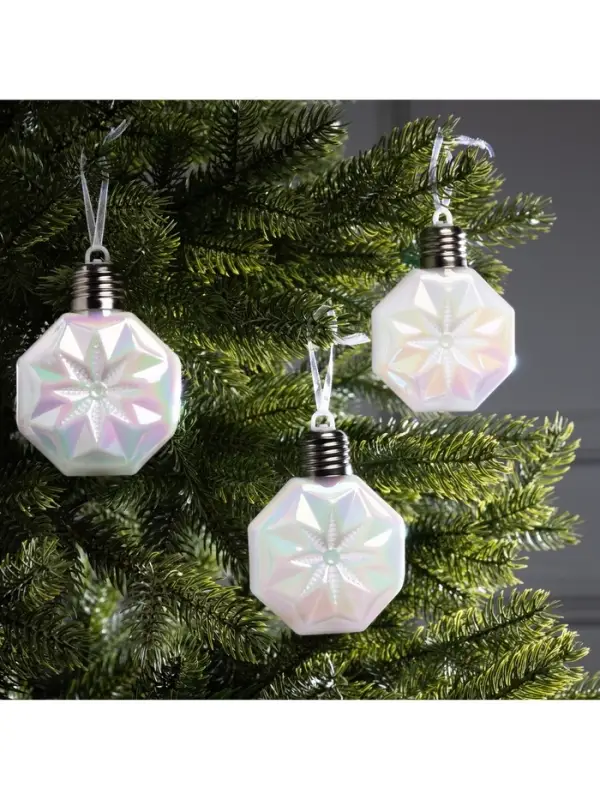 Набор ёлочных шаров &laquo;Изморозь&raquo;, 3 шт., d=7.5 см, 3 LED, от батареек AG13&times;9, свечение тёплое белое