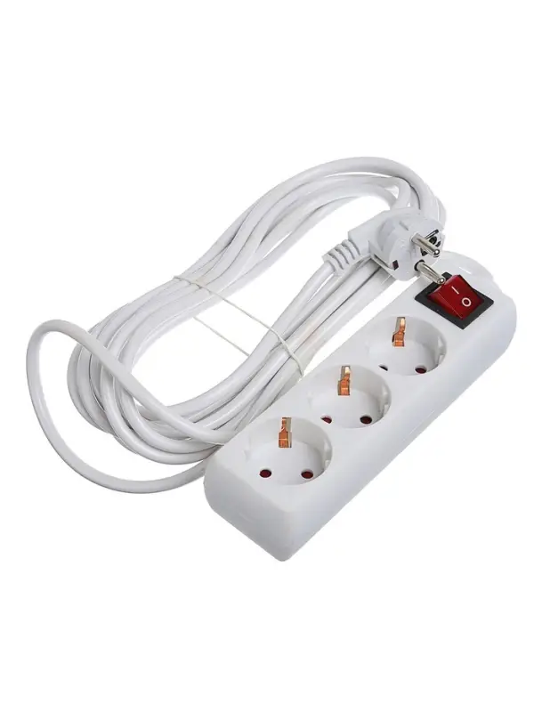 Удлинитель Luazon Lighting, 3 розетки, 5 м, 6 А, 1300 Вт, 3&times;0.75 мм2, с заземлением, с выключателем, белый