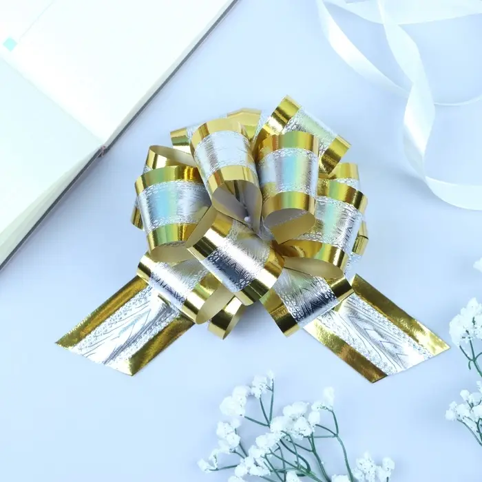 Подарочный Бант - шар №5, серебро в золоте, для упаковки подарков