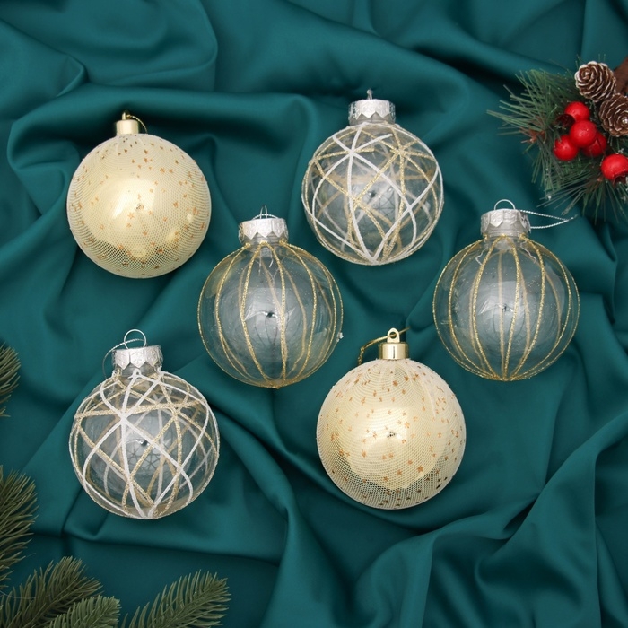 Набор шаров пластик d-8 см, 6 шт Набор шаров пластик d-8 см, 6 шт "Зимняя долина" золото