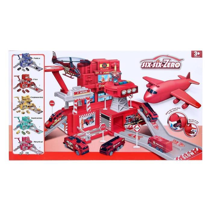 Парковка «Пожарная часть», с самолётом, свет и звук, машина меняет цвет от воды Парковка «Пожарная часть», с самолётом, свет и звук, машина меняет цвет от воды