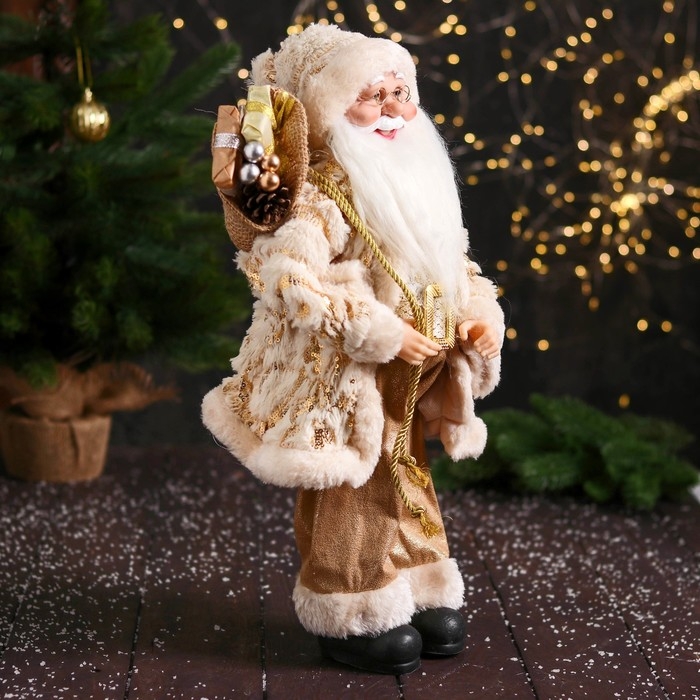 Дед Мороз Дед Мороз "В пушистой шубе, колпачке, с подарком" 47 см, бело-золотой