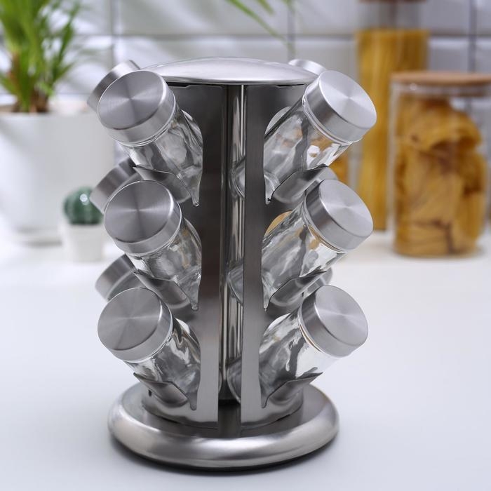 Набор для специй на подставке «Профи», 22×25,5 см, 12 шт, цвет металлик Набор для специй на подставке «Профи», 22×25,5 см, 12 шт, цвет металлик