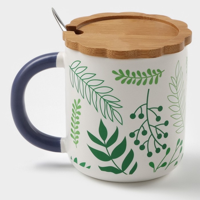 Кружка керамическая с ложкой «Гербарий», 350 мл, цвет белый Кружка керамическая с ложкой «Гербарий», 350 мл, цвет белый