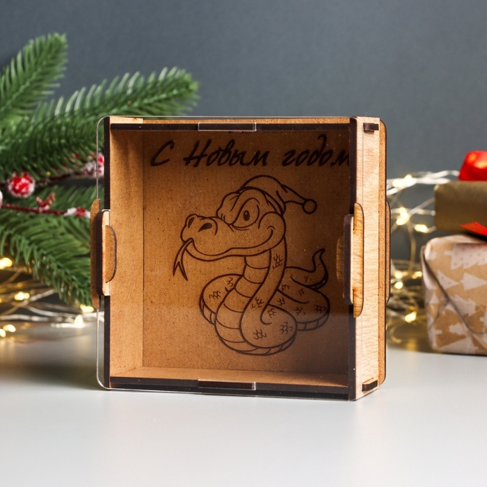 Новогодняя копилка с акрилом  Новогодняя копилка с акрилом "Змея в колпаке" 12х12х4 см