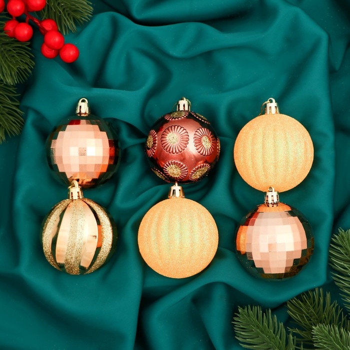 Набор шаров пластик d-6 см, 12 шт Набор шаров пластик d-6 см, 12 шт "Агнет" полосы, золотисто-оранжевый