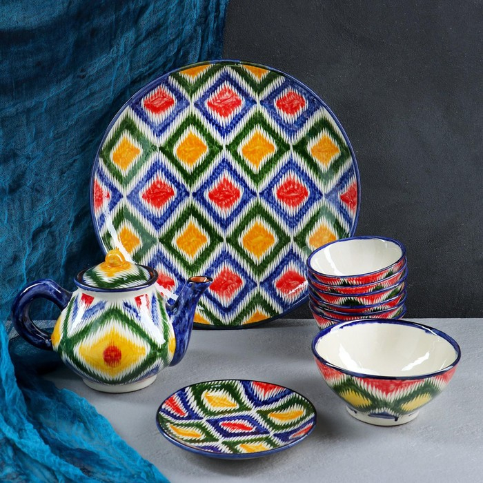 Набор чайный Риштанская керамика Набор чайный Риштанская керамика "Атлас №2", 9 предметов (чайник 1л, пиалы 0,3л), микс