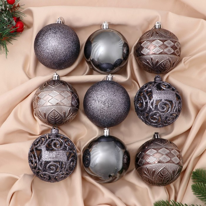 Набор шаров пластик d-8 см, 9 шт Набор шаров пластик d-8 см, 9 шт "Амира ассорти" серый