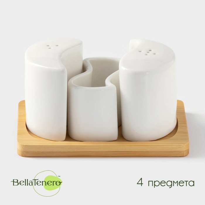 Набор керамический для специй на деревянной подставке BellaTenero, 3 предмета: солонка 70 мл, перечница 70 мл, салфетница, цвет белый Набор керамический для специй на деревянной подставке BellaTenero, 3 предмета: солонка 70 мл, перечница 70 мл, салфетница, цвет белый
