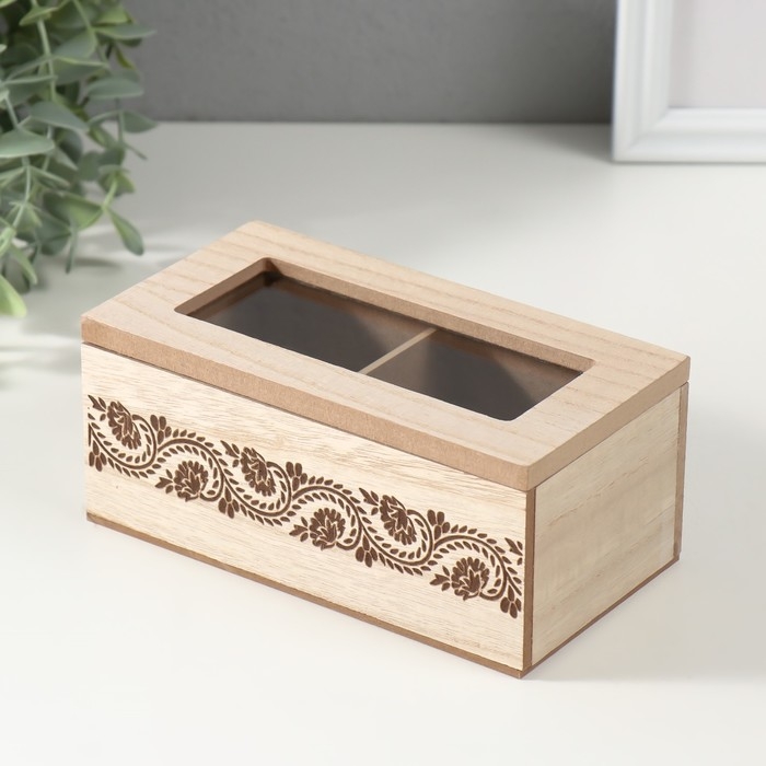 Шкатулка дерево 2 деления  Шкатулка дерево 2 деления "Цветочный узор" 8,8х16,2х7 см