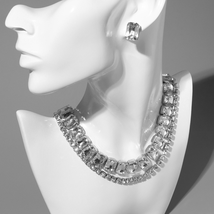 Набор 2 предмета; серьги, колье «Сияй» крупные стразы, цвет белый в серебре Набор 2 предмета; серьги, колье «Сияй» крупные стразы, цвет белый в серебре