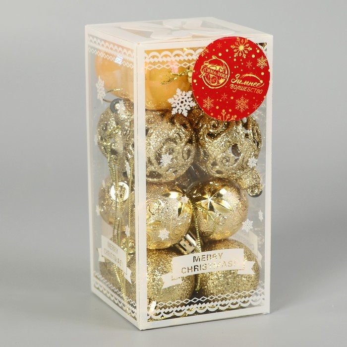 Набор шаров пластик d-4 см, 16 шт Набор шаров пластик d-4 см, 16 шт "Мелодия" орнамент, золото