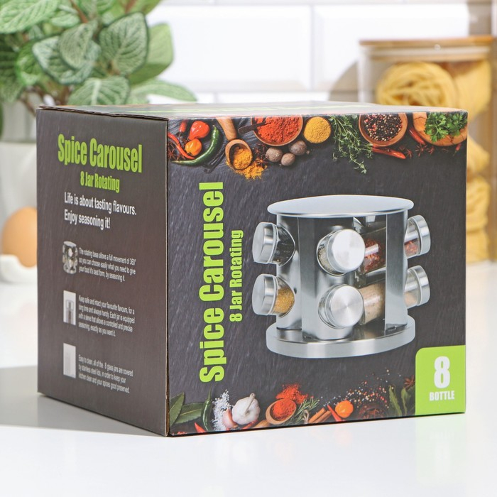 Набор для специй из стекла на подставке «Шеф», 85 мл, 8 предметов, 19×16 см, цвет чёрный Набор для специй из стекла на подставке «Шеф», 85 мл, 8 предметов, 19×16 см, цвет чёрный