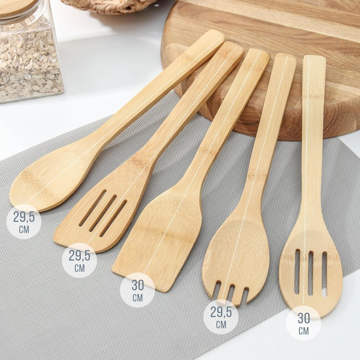 Набор кулинарных лопаток, 31 см, 5 шт, бамбук Набор кулинарных лопаток, 31 см, 5 шт, бамбук