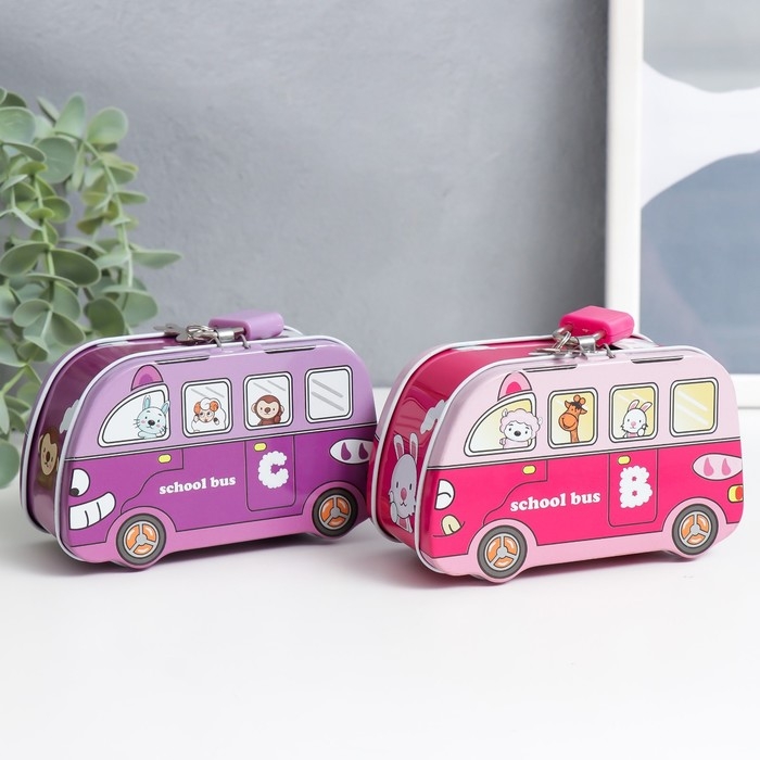 Копилка металл с замочком Копилка металл с замочком "Звери в автобусе" МИКС 11х5,5х6,7 см